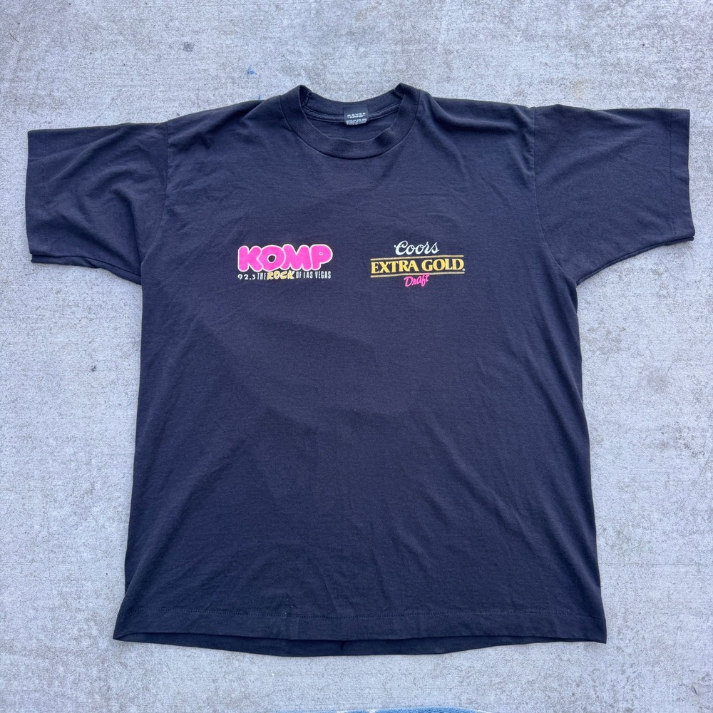 Vintage 90s KOMP 92.3 Coors Extra Gold Beer Is Back T-Shirt XL Black Faded
